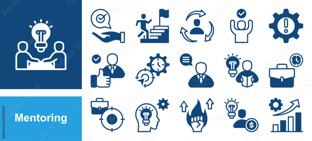 Mentoring icon collection set. Containing Working Time, Focus, Knowledge, Motivation, Entrepreneurs, Growing and Mentoring. Mentoring icon collection set. Containing Working Time, Focus, Knowledge, Motivation, Entrepreneurs, Growing and Mentoring.