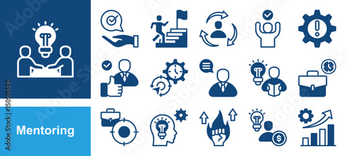 Mentoring icon collection set. Containing Working Time, Focus, Knowledge, Motivation, Entrepreneurs, Growing and Mentoring.
