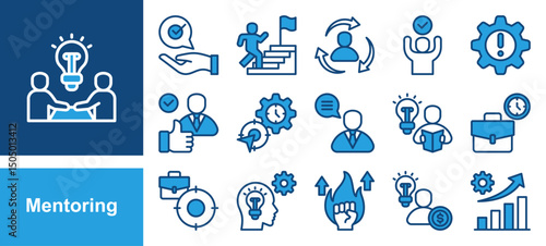 Mentoring icon collection set. Containing Working Time, Focus, Knowledge, Motivation, Entrepreneurs, Growing and Mentoring.