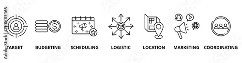 Event Management icon set with target, budgeting, scheduling, logistic, location, marketing, and coordinating