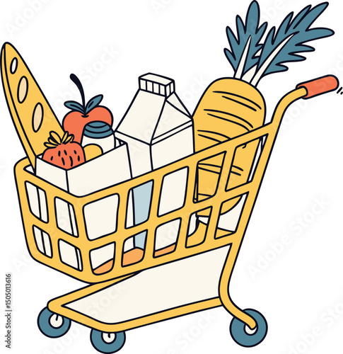 grocery shopping cart with food and drinks items