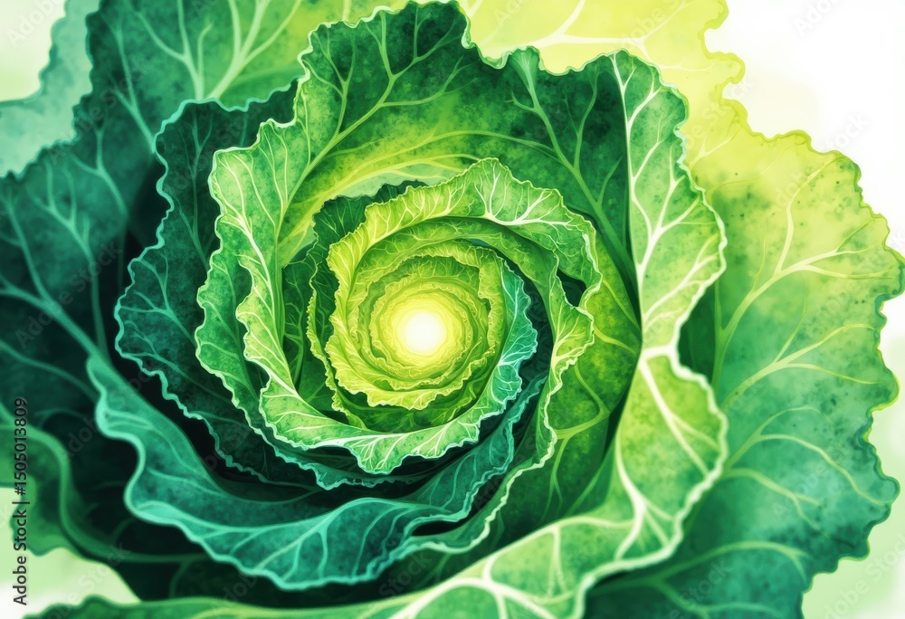 Obraz premium Kale leaves swirling into an abstract green vortex, creating a vibrant visual