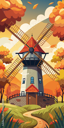 Autumn Landscape with Windmill. A picturesque view of a rustic windmill amidst vibrant fall foliage.