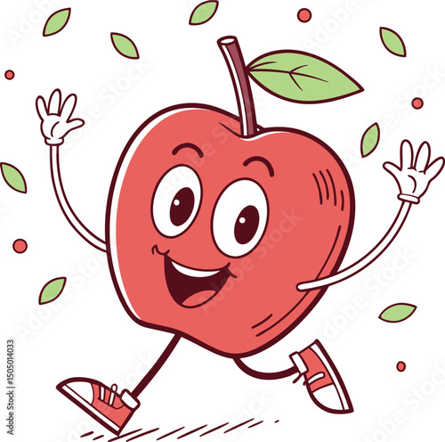 happy cartoon apple character running with leaves and berries around in fun mood