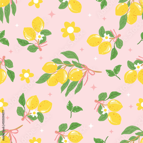 Chinoiserie Lemon Seamless Pattern, Botanical Citrus Design, Cute Summer Fruit Background, Pink Cottagecore Style