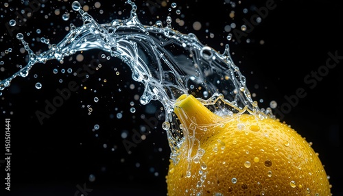 Water splashing onto a vibrant yellow citrus fruit.