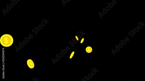 Flying 3D Gold Dollar Coins on Black Background, Rotating and Disappearing