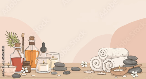 Relaxing spa and wellness vector background with candles, essential oils, towels, smooth stones, and calming natural elements.
