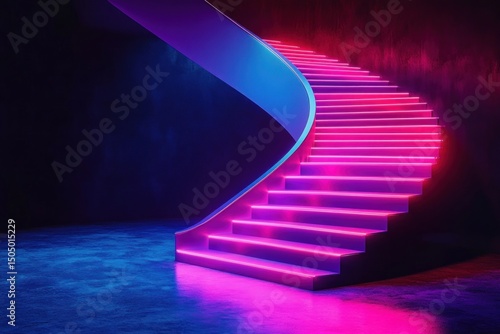 A visually captivating abstract stage where neon staircases glow against a dark backdrop, perfect for digital designs.
