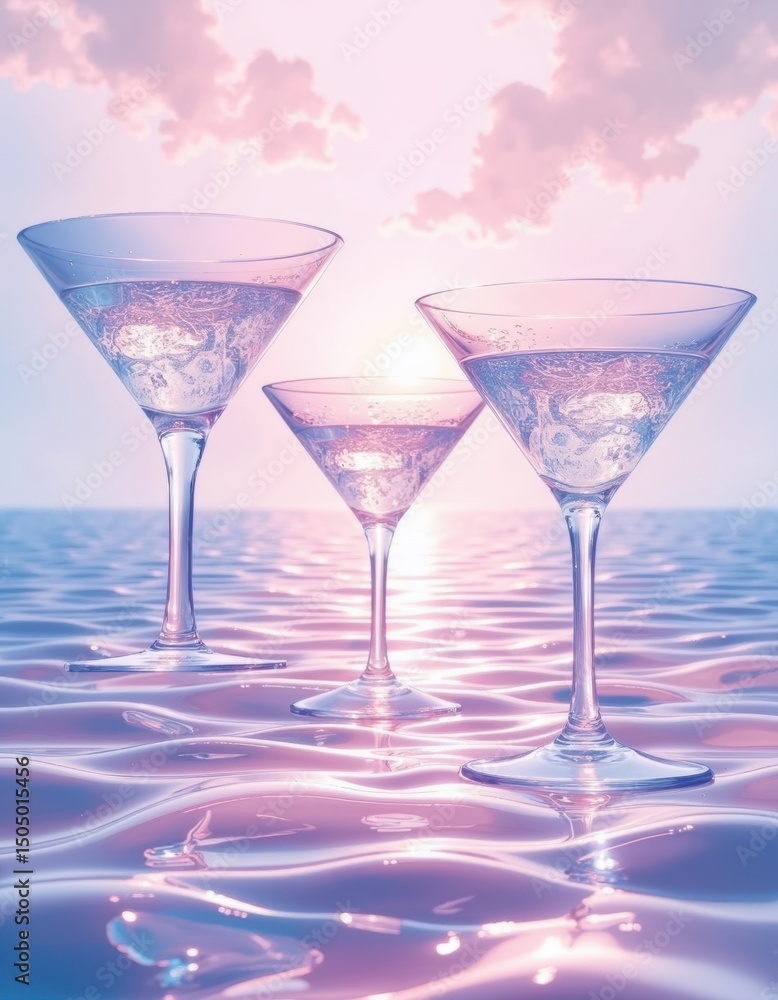 Crystalline cocktail glasses floating above a serene pastel sea Crystalline cocktail glasses floating above a serene pastel sea