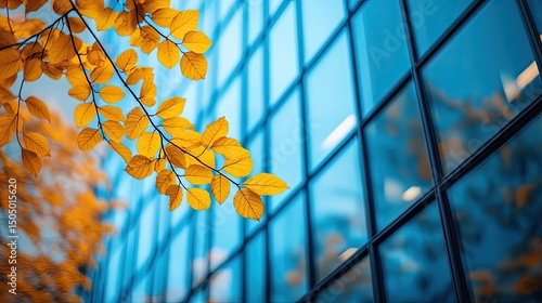 Autumn leaves on a branch against the blue glass facade of a modern office building in the city