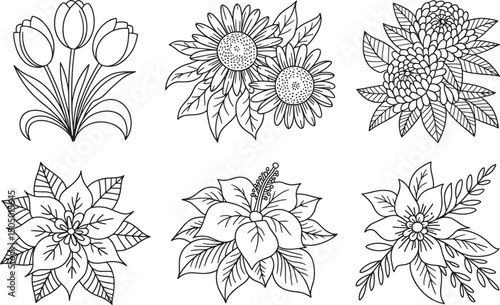 Vector illustration of outlined flowers, floral designs, and botanical elements in black and white
