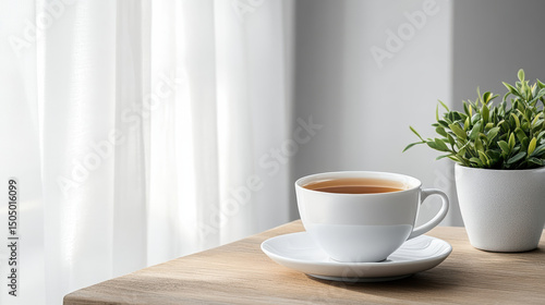 Wallpaper Mural Cozy cup of tea on wooden table with plant nearby, creating serene atmosphere Torontodigital.ca