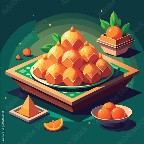 Colorful orange pastries on a tray.