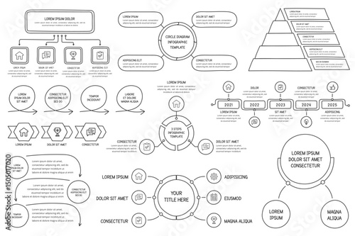 Set of hand drawn infographic templates - circle charts, flow charts, process diagrams, timeline, vector eps10 illustration