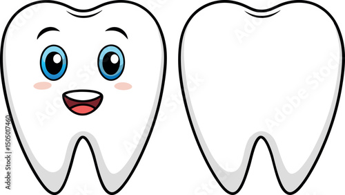 Cute Cartoon Tooth Characters - Smiling Tooth and Blank Tooth Vector Illustration for Dental Health, Oral Hygiene, and Children's Education