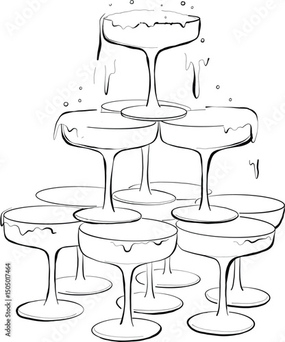Champagne glasses pyramid. Wine stemwarestacked in tower icon isolated on background with liquid pour out