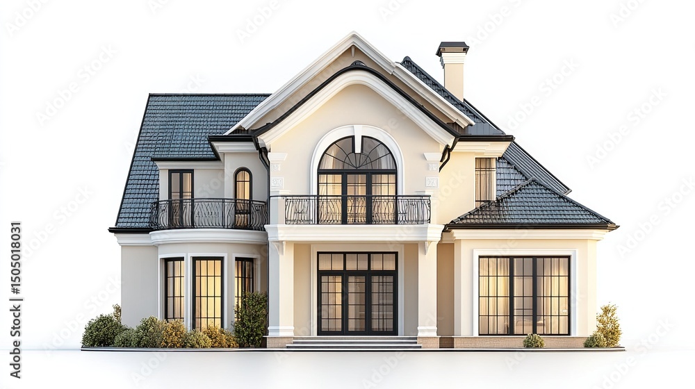 A front view of a large modern house with a gray roof and white exterior on a white background A front view of a large modern house with a gray roof and white exterior on a white background