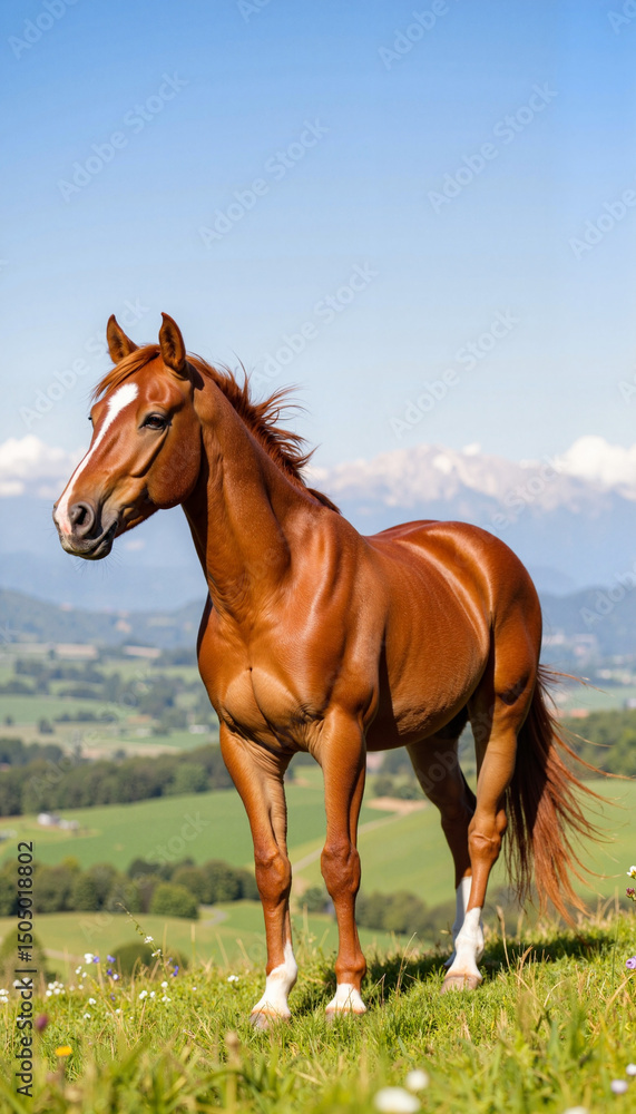Obraz premium Muscular chestnut horse standing gracefully on a hill, nature's beauty