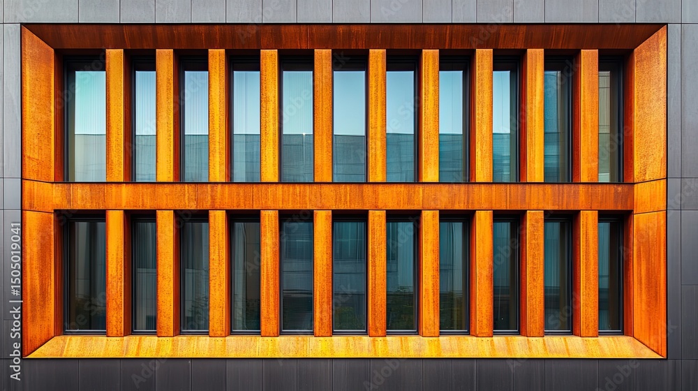 A symmetrical view of a modern building facade with wooden window frames and gray tile walls A symmetrical view of a modern building facade with wooden window frames and gray tile walls