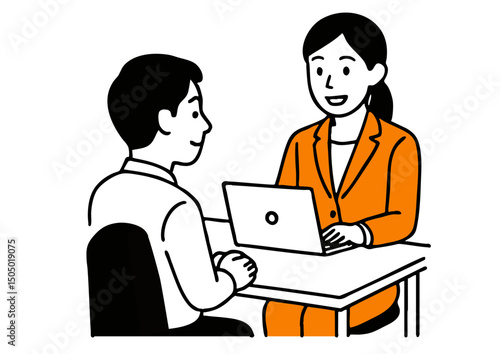 ノートパソコンで顧客と相談を行う女性スタッフ