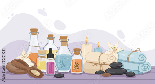 Relaxing spa and wellness vector background with candles, essential oils, towels, smooth stones, and calming natural elements.
