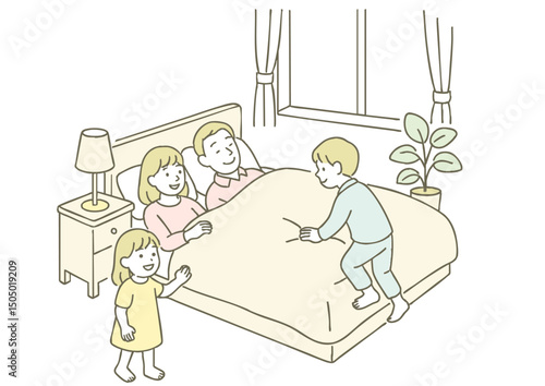 家族の朝時間、ベッドでくつろぐ幸せなひととき