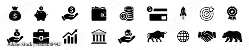 Business, finance, and investment icon set. Includes wallet, credit card, bank, piggy bank, rocket, handshake, bull and bear market, and more. Icons, vector, business, finance.