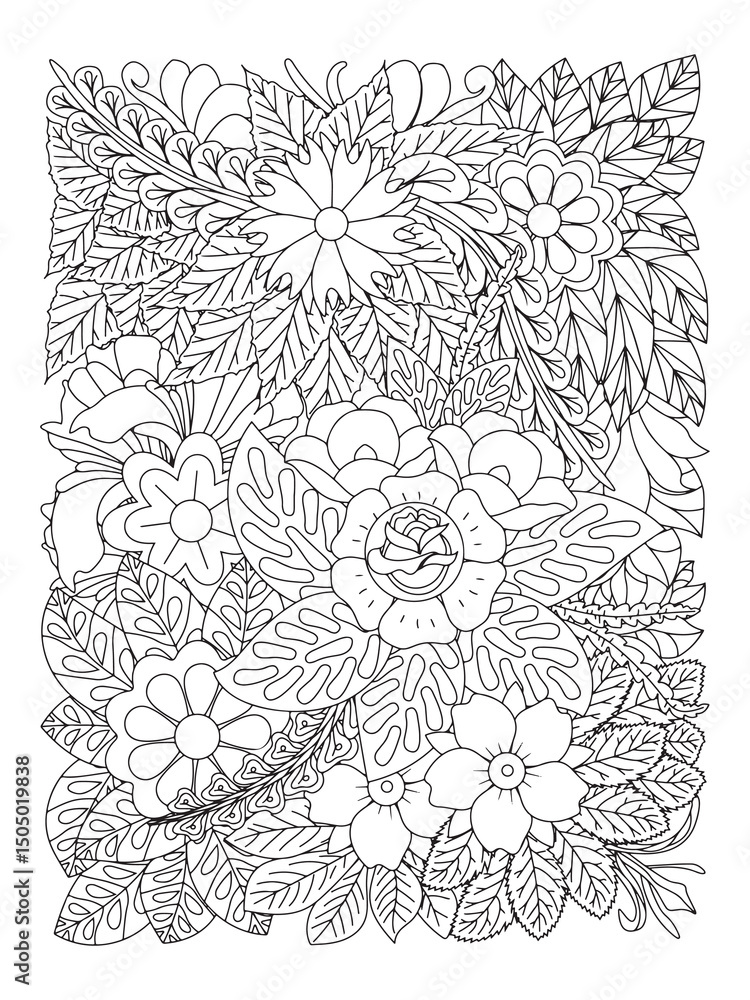 Fototapeta premium Black and white flower pattern for coloring. Doodle floral drawing. For adult and kids. Doodle floral drawing. Art therapy coloring page. Coloring Flower Page.
