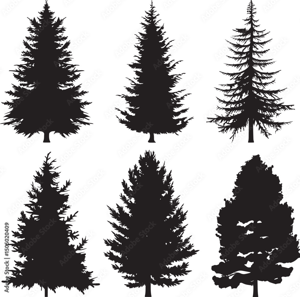 Obraz premium series black and white silhouette sets of a spruce tree, vector art, solid white background, icon black vector illustration