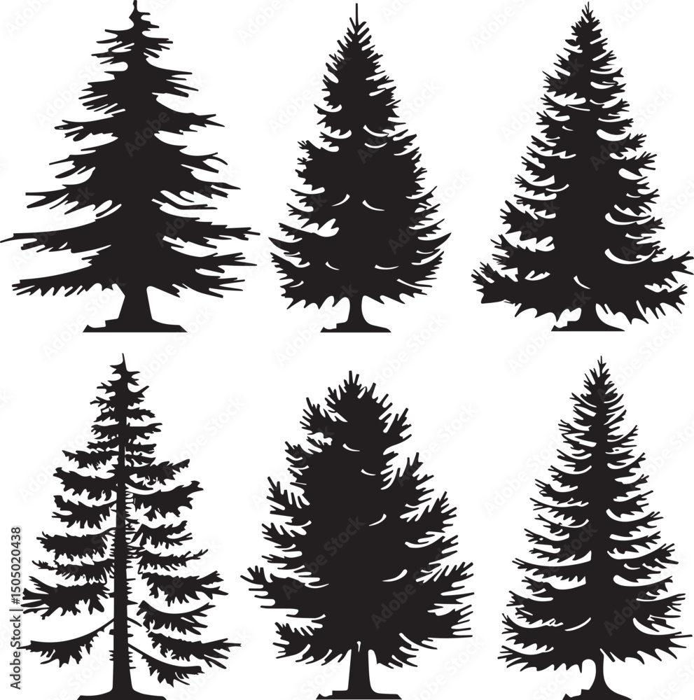 Obraz premium series black and white silhouette sets of a spruce tree, vector art, solid white background, icon black vector illustration