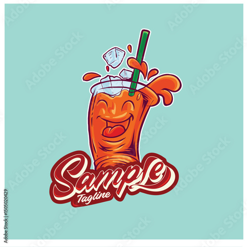 Cheerful Cartoon Beverage Logo with Smiling Face, Straw, and Ice Cubes