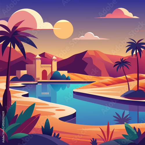 Serene Desert Oasis. Sunset Landscape with Palm Trees and Ancient Architecture