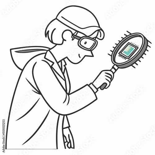 Vector illustration of technician inspecting chip with magnifier, isolated on white background