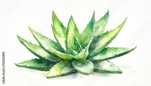 Beautifully detailed watercolor aloe vera plant, painted in a lively and organic artistic style.