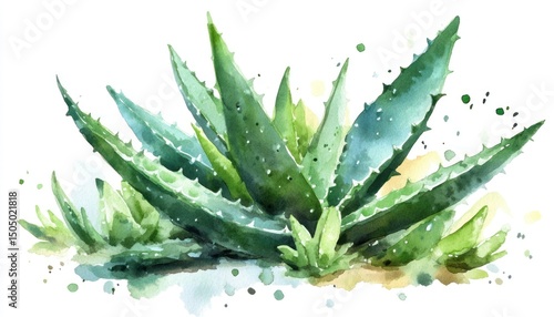 Beautifully detailed watercolor aloe vera plant, painted in a lively and organic artistic style.