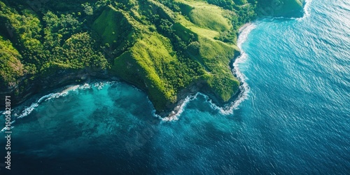 Fototapeta Naklejka Na Ścianę i Meble -  Aerial view of a tropical island with lush green hills meeting the oceanâ€™s bright blue waters