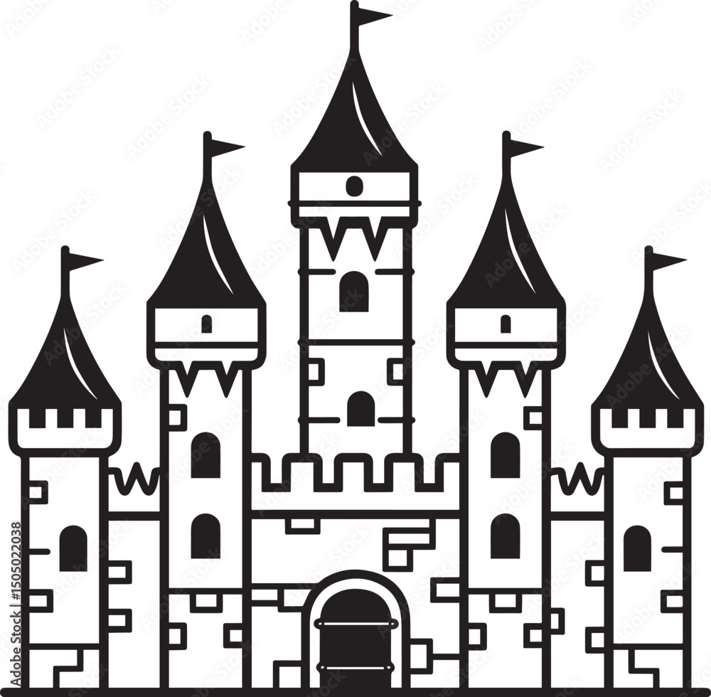 Fototapeta premium castle icon, 2d, minimalist design, bold outlines, black colour only, vector style, soft lines icon black vector illustration