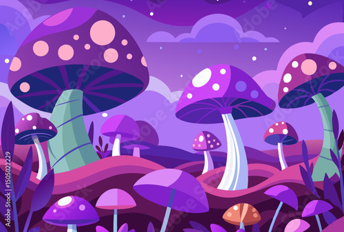 Enchanted Mushroom Forest. A Whimsical Night Scene