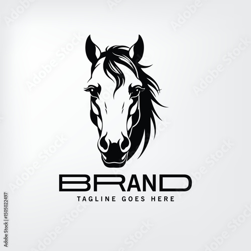 Black and white horse head logo design. Front view of horse head in stylized graphic design.