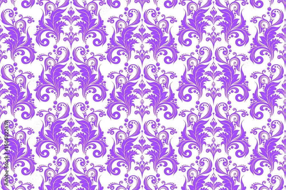Seamless pattern with purple floral ornament in baroque style for wallpaper, background, textile, card, fabric, wrapping paper, decoration, print, packaging, etc. Ornate damask flower ornament. Seamless pattern with purple floral ornament in baroque style for wallpaper, background, textile, card, fabric, wrapping paper, decoration, print, packaging, etc. Ornate damask flower ornament.