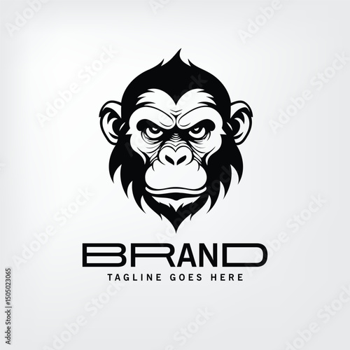 Chimpanzee head logo design featuring a bold, intense expression in a clean, black and white style. Strong primate imagery for a business or brand.