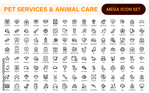 Pet Services and Animal Care Icon Set – Minimal Line Vector Illustrations for Pet Sitting, Grooming, Veterinary, Training, and Animal Health Projects