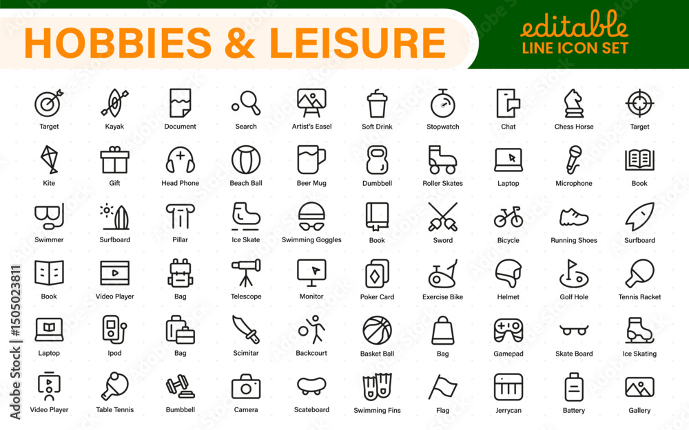 Fototapeta premium Creative Hobbies and Leisure Icons – Clean Outline, Line Art, Vector Illustrations for DIY Crafts, Outdoor Fun, Entertainment, and Recreation Projects