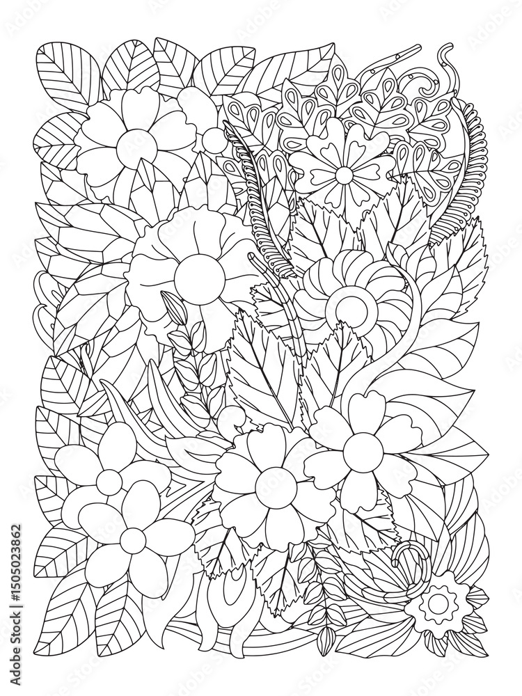 Fototapeta premium Black and white flower pattern for coloring. Doodle floral drawing. For adult and kids. Doodle floral drawing. Art therapy coloring page. Coloring Flower Page.