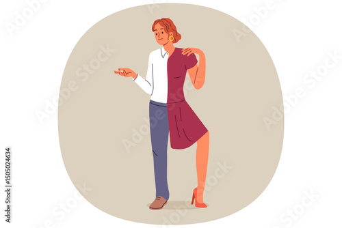 Human with absence of gender stereotypes, strives for self-expression and wears men and women clothing. Non-binary LGBTq person calls for erasing gender stereotypes to avoid discrimination