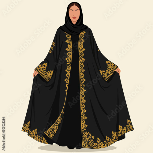Woman Wearing Decorated Abaya and Headscarf in Elegant, Simple Style