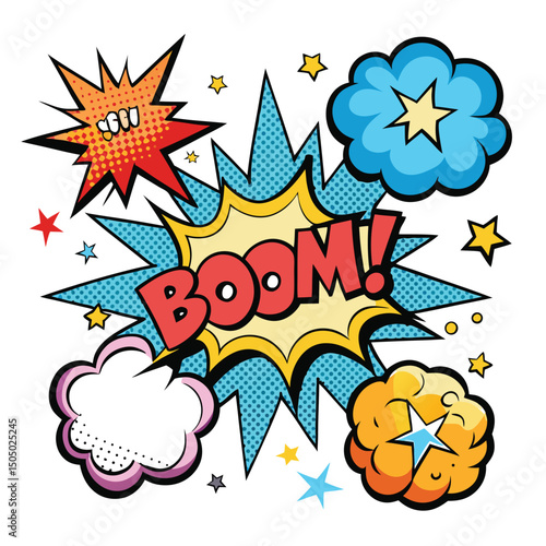 Cartoon comic sign burst clouds. Speech bubble, boom sign expression and pop art text frames. Comics mem expressions speech, superhero book bubbles label. Isolated vector symbols set 