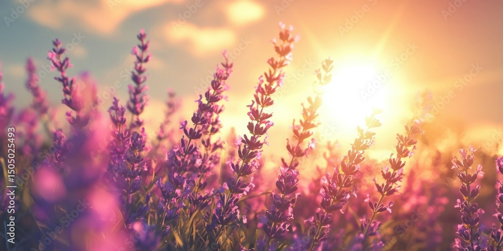 Obraz premium Bees buzzing over vibrant lavender flowers as the sun