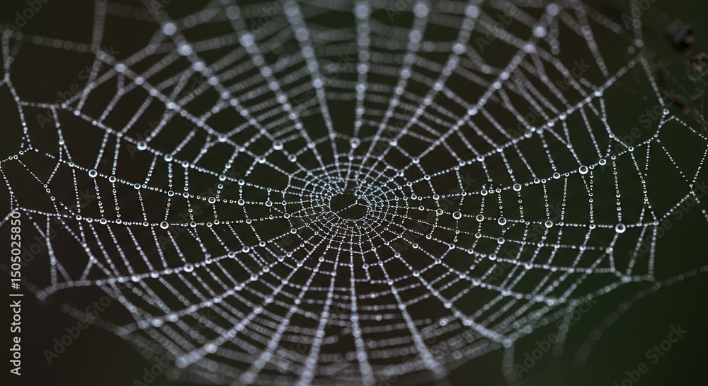 Fototapeta premium Dew-Kissed Spiderweb: Intricate Design in Nature's Art